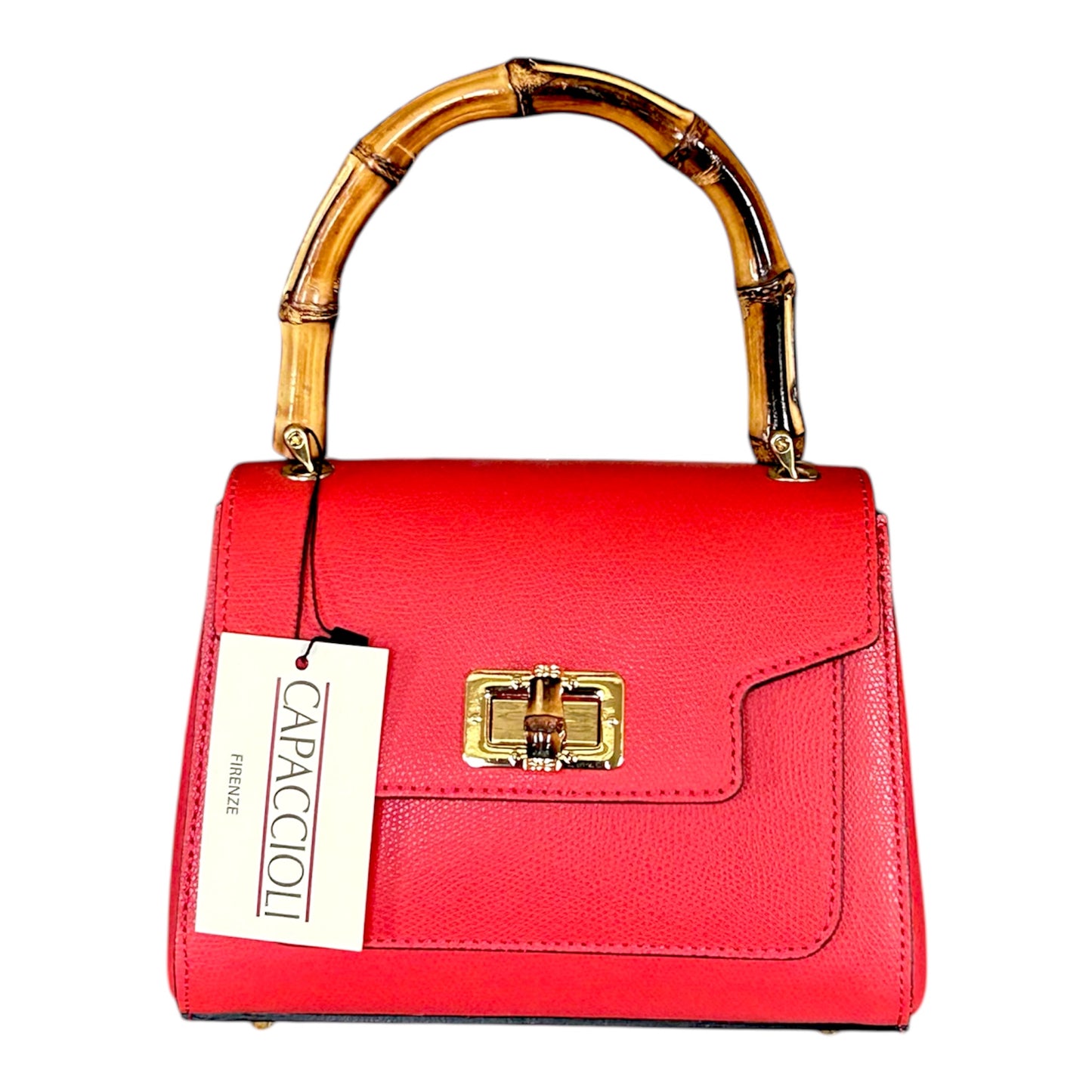 Borsa in pelle con manico in bambù.