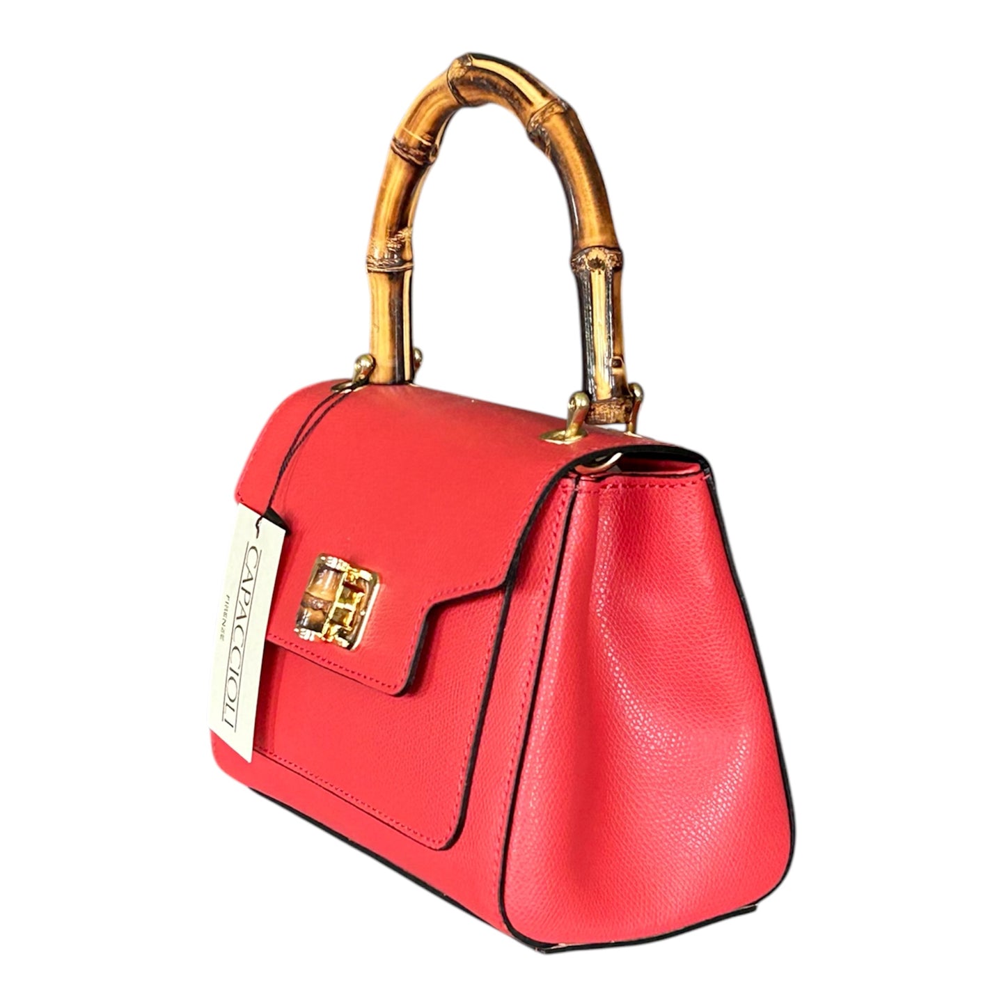 Borsa in pelle con manico in bambù.